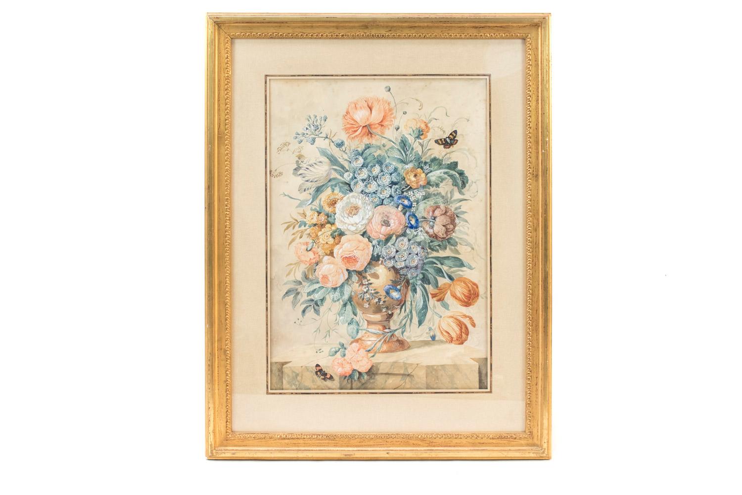 Pair of framed gouaches on papier representing each one a flowers basket in vase put on marble support and composed of peonies, dahlias, eyelets, tulips, periwinkles, forget-me-not, etc, in the style of Dutch still life from the 17th century. Two