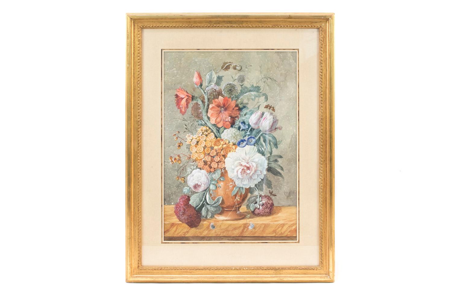 Carved Pair of Gouaches Framed Flowers Basket, Late 19th Century For Sale