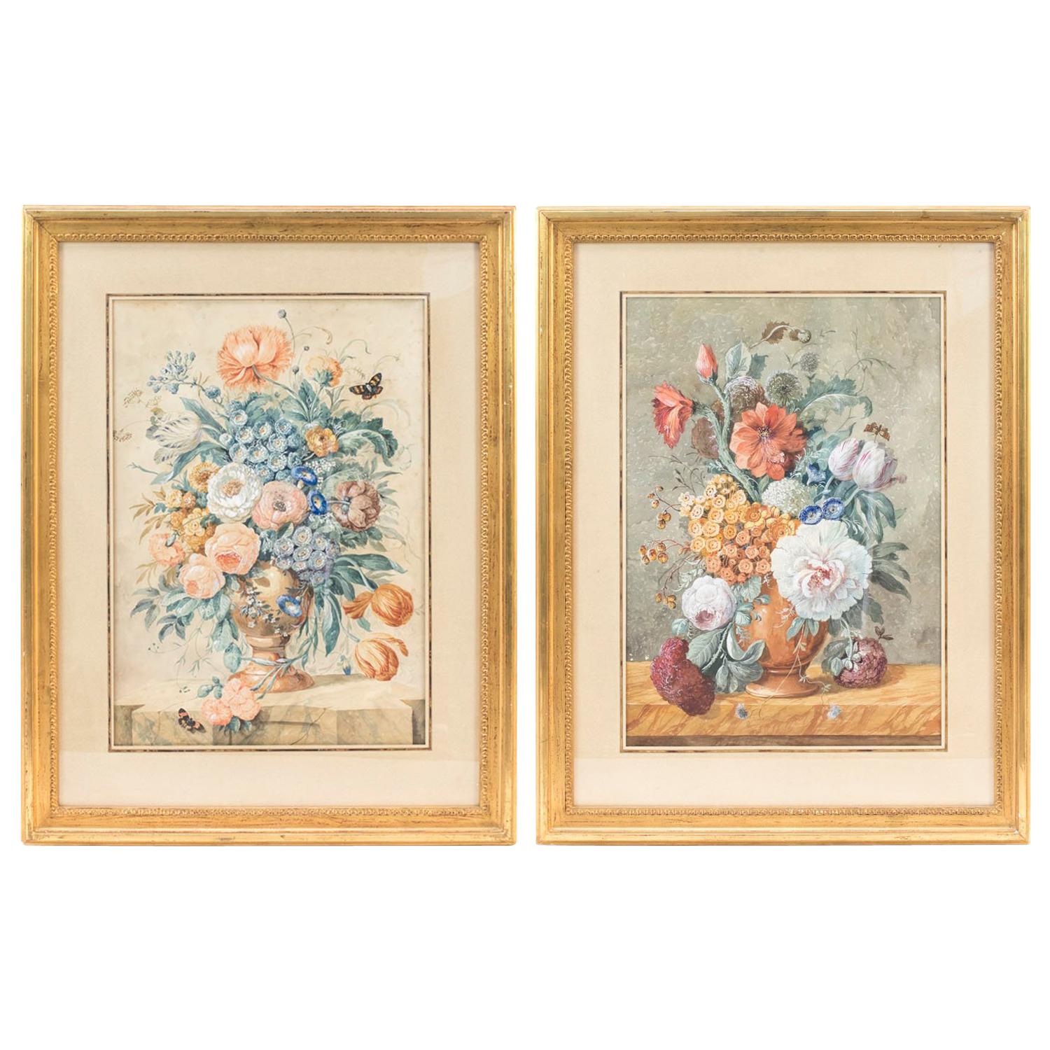 Pair of Gouaches Framed Flowers Basket, Late 19th Century