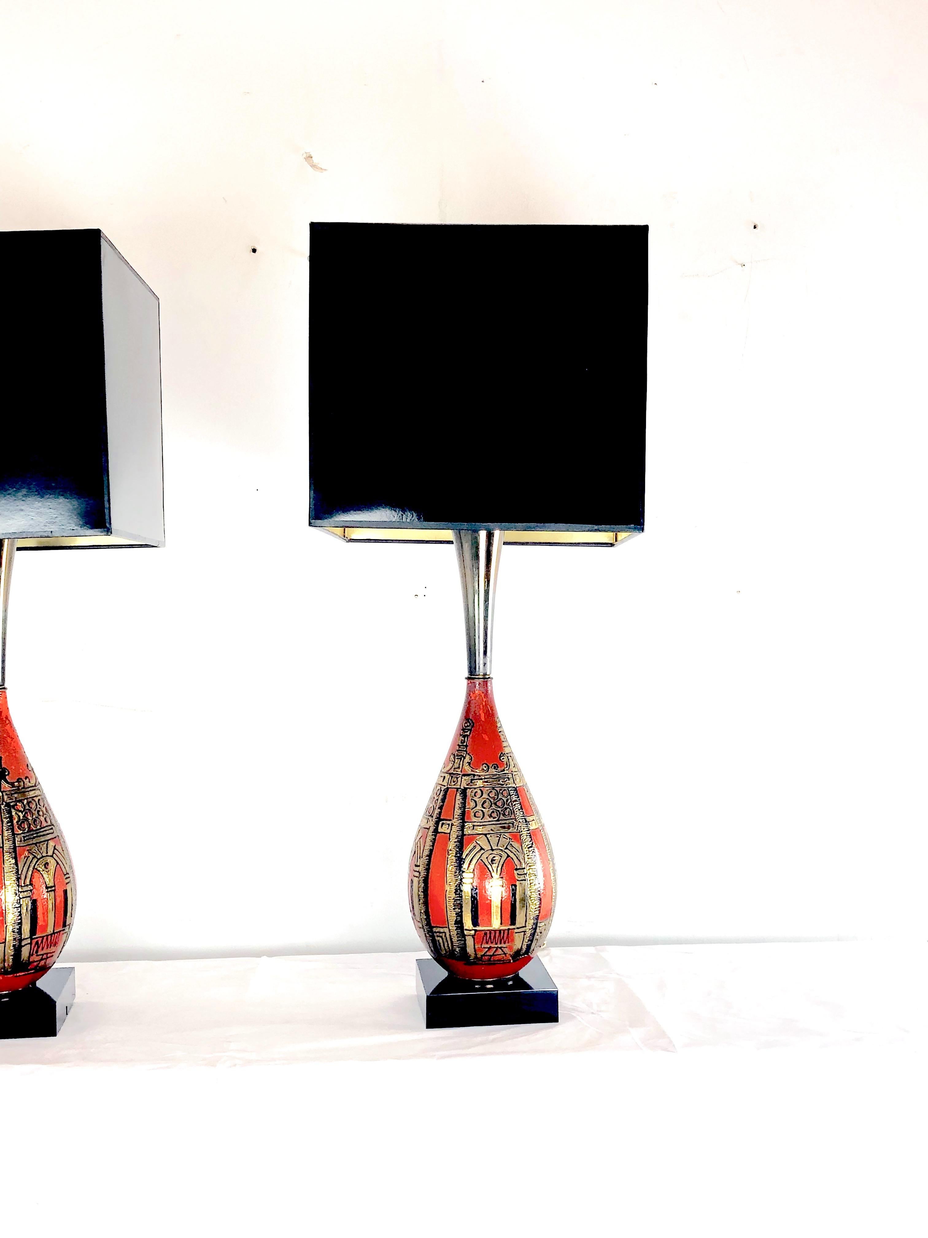 Pair of Gourd Asian table lamps. Lamps are in good vintage condition.
Measures: Lamp
8 W x 8 D x 36 T top of harp
Shade:
14 W x 14 D x 12.5 T.
 