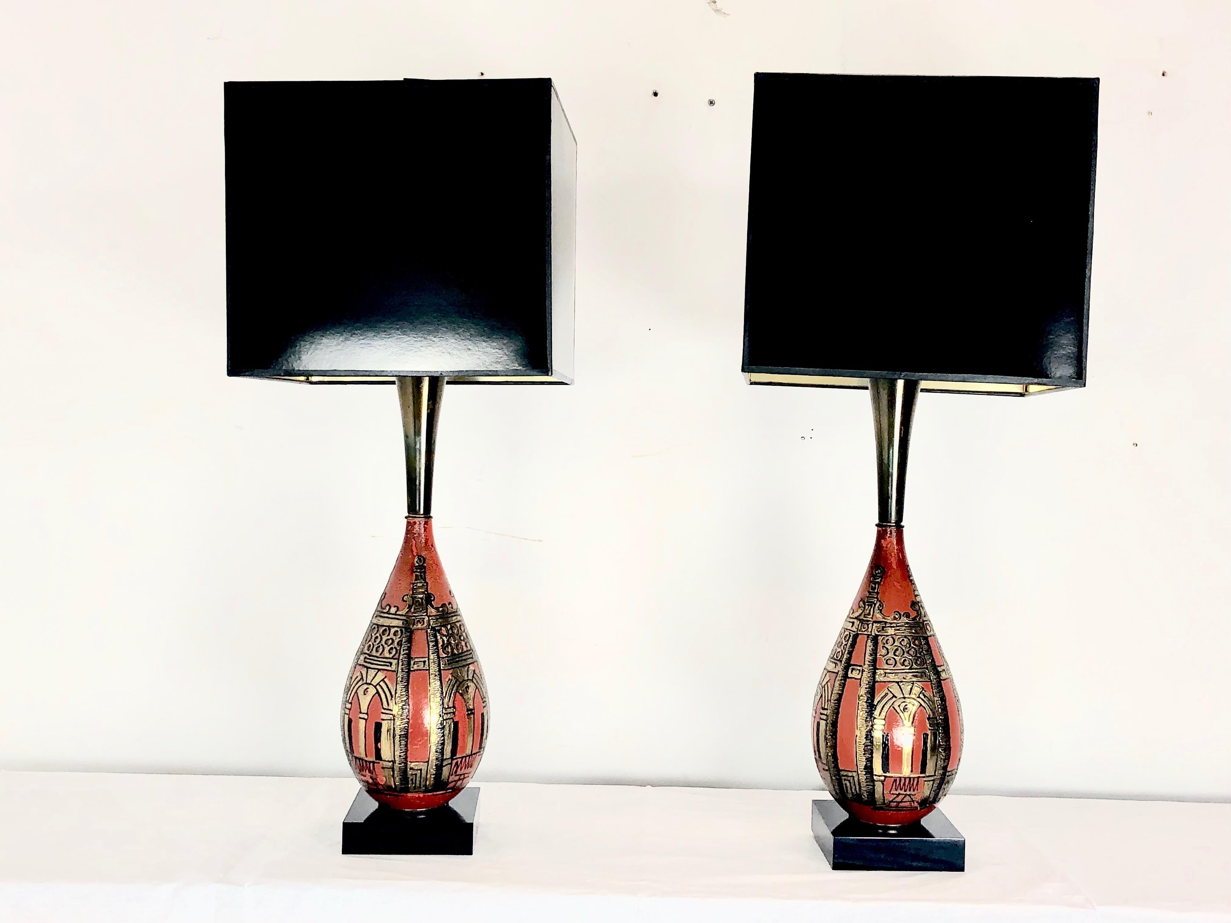 Mid-Century Modern Pair of Gourd Asian Table Lamps
