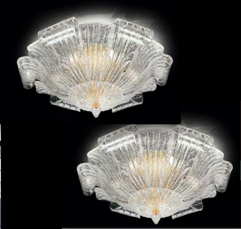 Pair of Graceful Italian Murano Glass Leave Flush Mount or Ceiling Lights For Sale 3