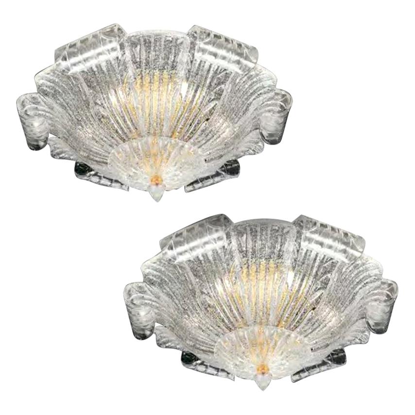 Pair of Graceful Italian Murano Glass Leave Flushmount or Ceiling Lights