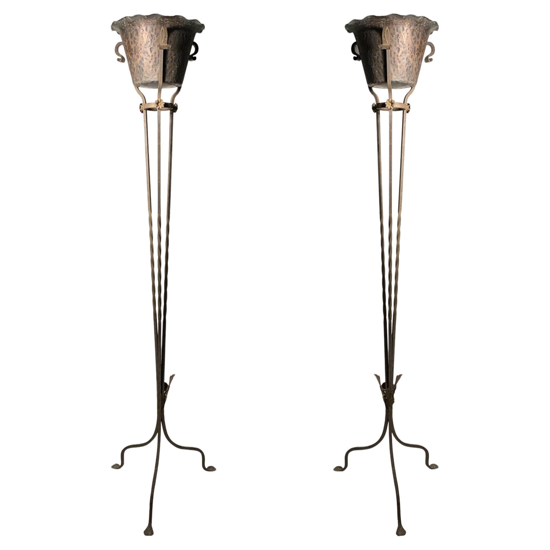 Pair of Graceful Italian Wrought Iron Planters For Sale