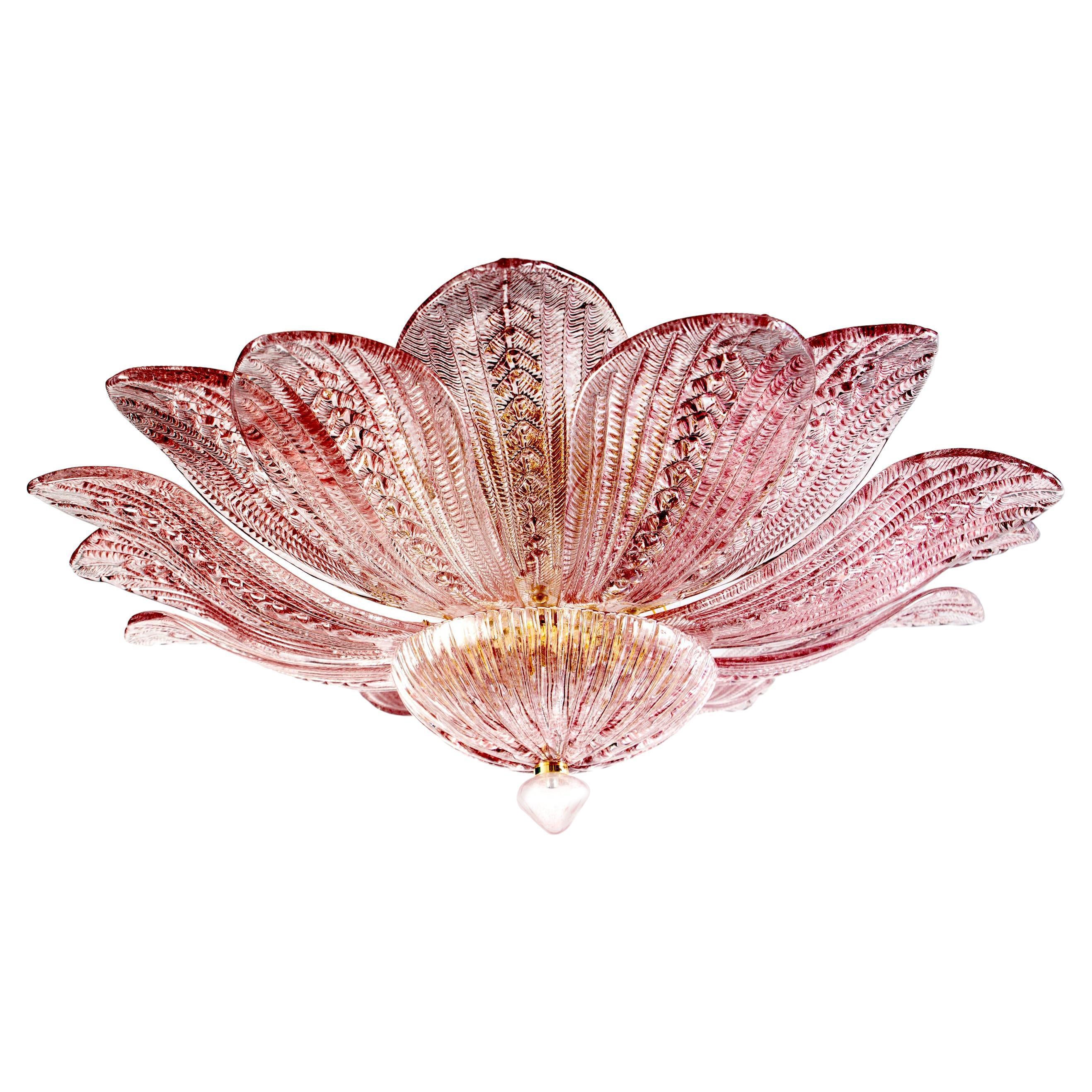 Realized in pure pink amethyst color Murano glass consists of 16 delicious hand blown leaves.
 The structure is gilt-metal. Five E27 lights spread a magical light.

This light fixture can be disassembled and the leaves individually wrapped for easy