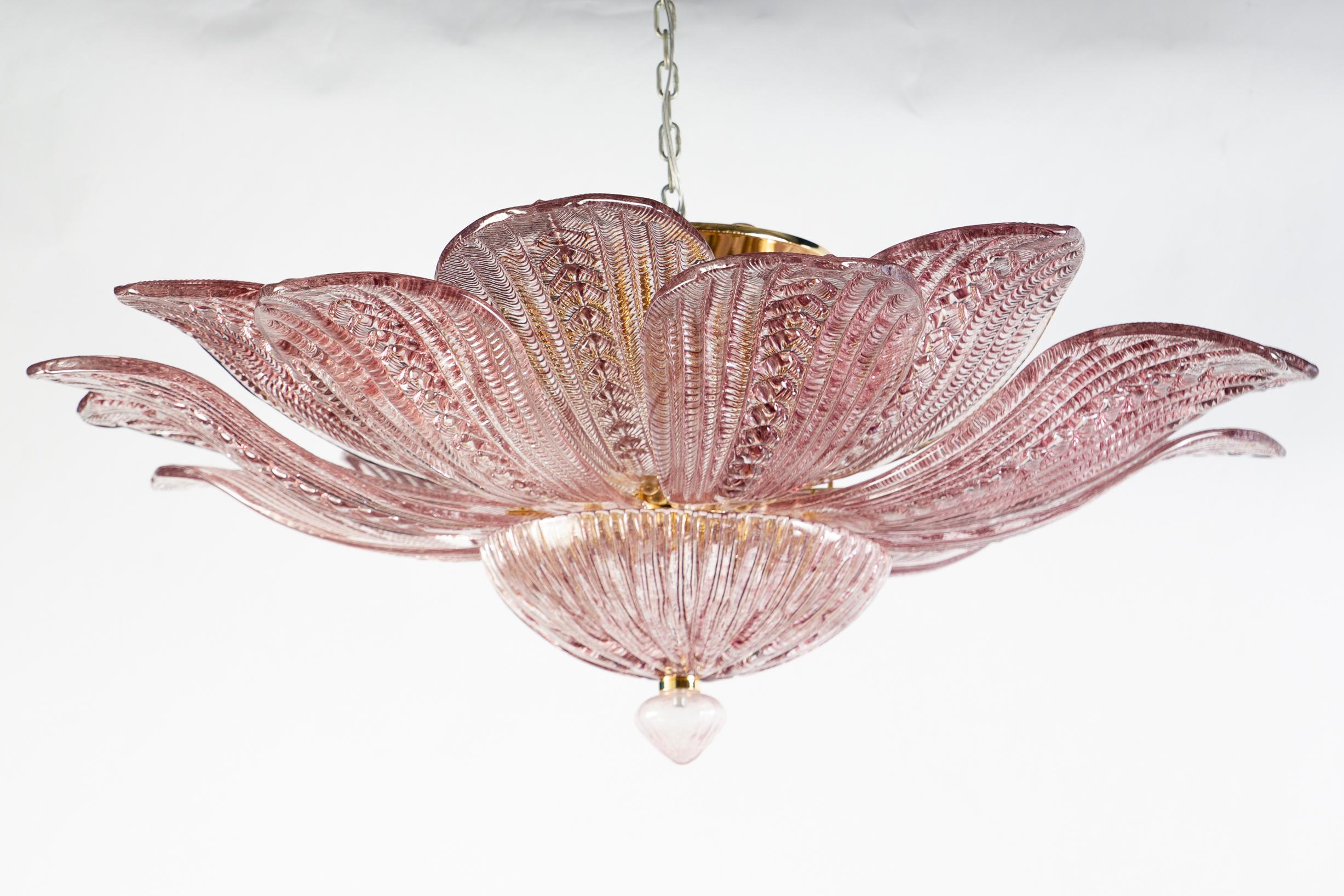 Modern Pair of Graceful Pink Amethyst Murano Glass Leave Ceiling Light or Chandelier For Sale