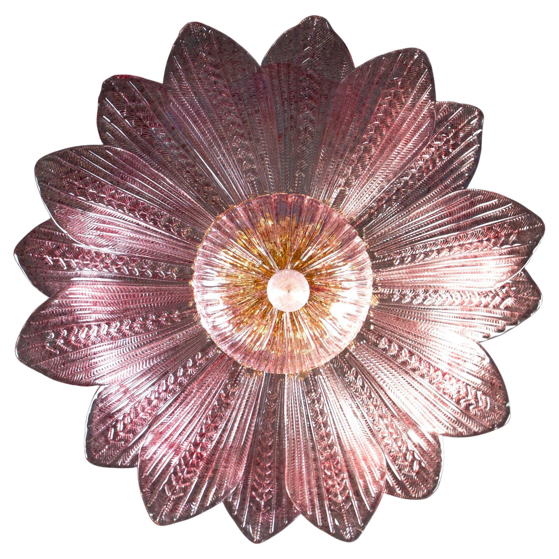 Modern Pair of Graceful Pink Amethyst Murano Glass Leave Ceiling Light or Chandelier