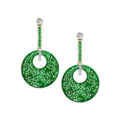 Pair of Grade A Green Jade Jadeite Emerald Diamonds Yellow Gold Platinum Earring