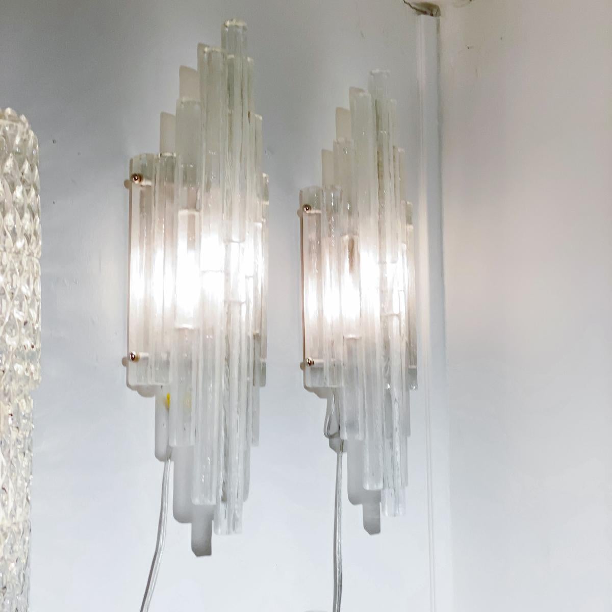 Mid-Century Modern Pair of Graduated Frosted Glass Strip Sconces For Sale