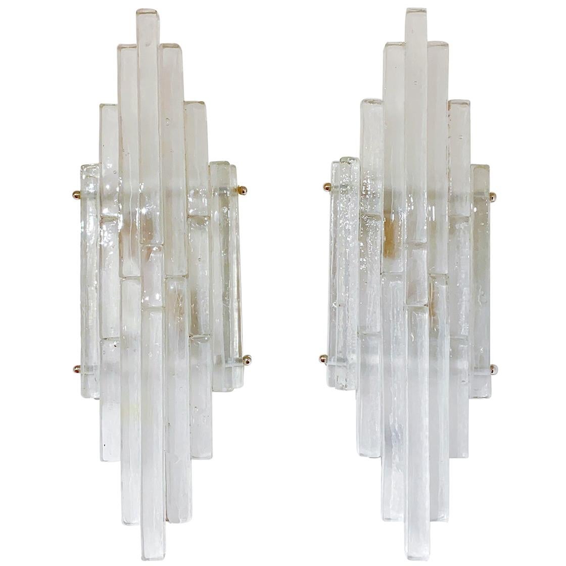 Pair of Graduated Frosted Glass Strip Sconces For Sale