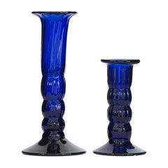 Pair of Graduated Vintage Blue Glass Candlesticks