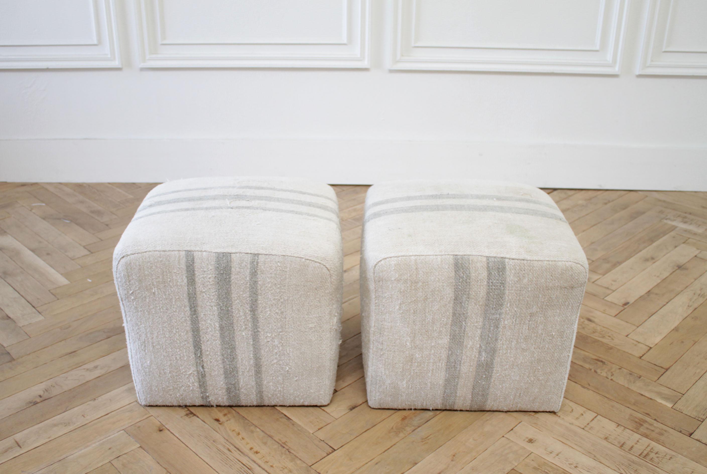 Contemporary Pair of Grainsack Cube Ottoman Oatmeal Color with Light Seaglass Stripe