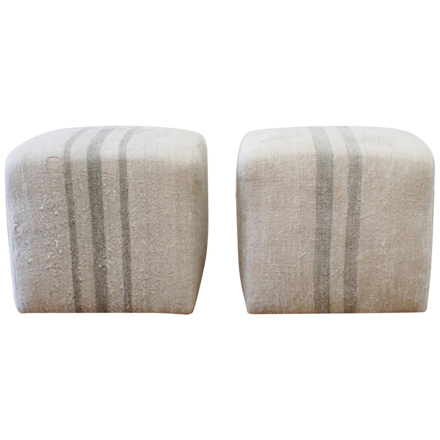 Pair of Grainsack Cube Ottoman Oatmeal Color with Light Seaglass Stripe