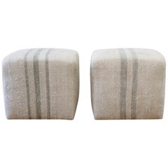 Pair of Grainsack Cube Ottoman Oatmeal Color with Light Seaglass Stripe