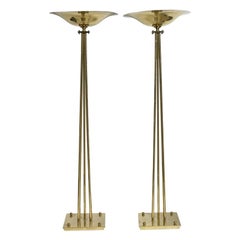 Antique Pair of Grand Art Deco French Brass Torchere Design Floor Lamps