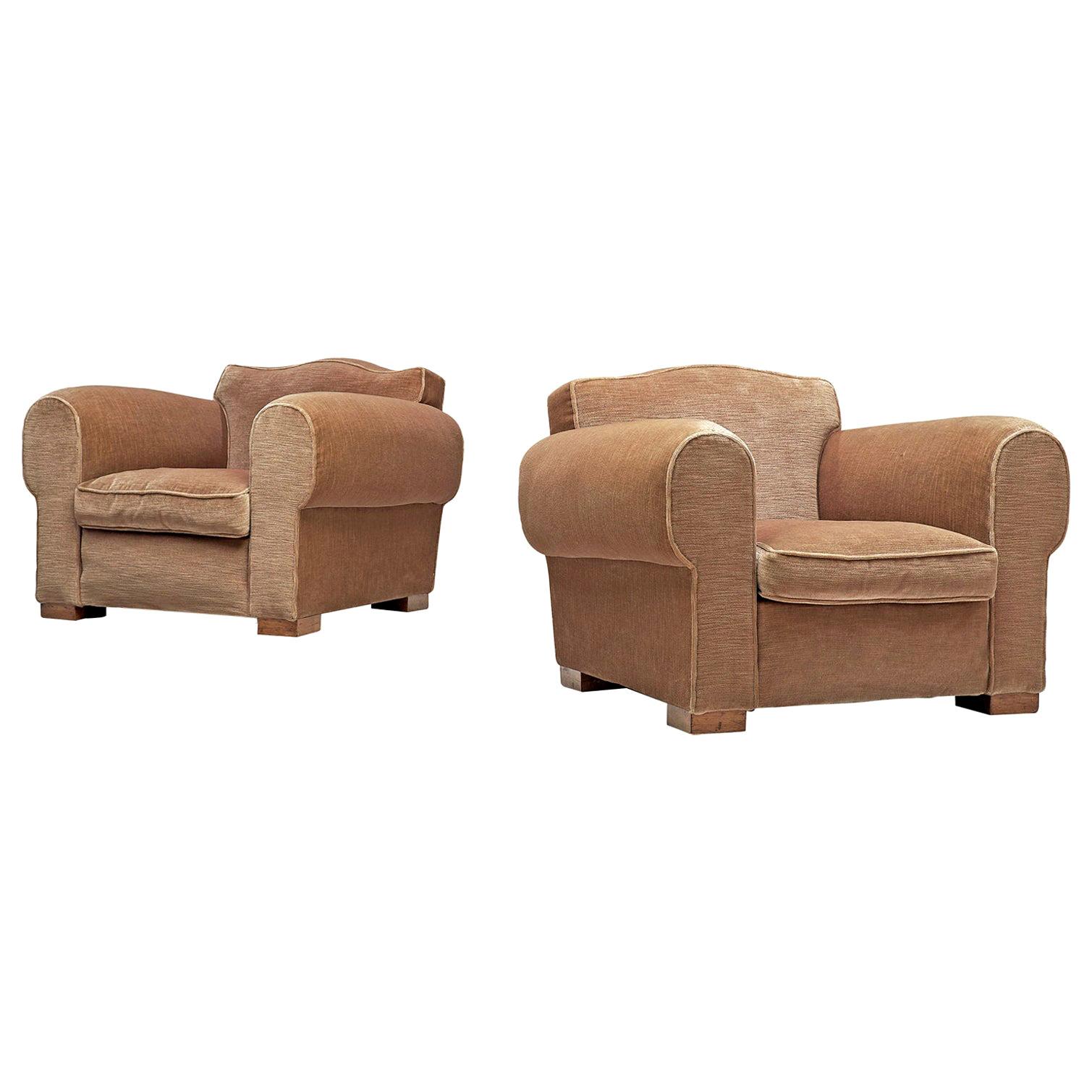 Pair of Grand Art Deco Lounge Chairs in Taupe Velvet by Maurice Rinck
