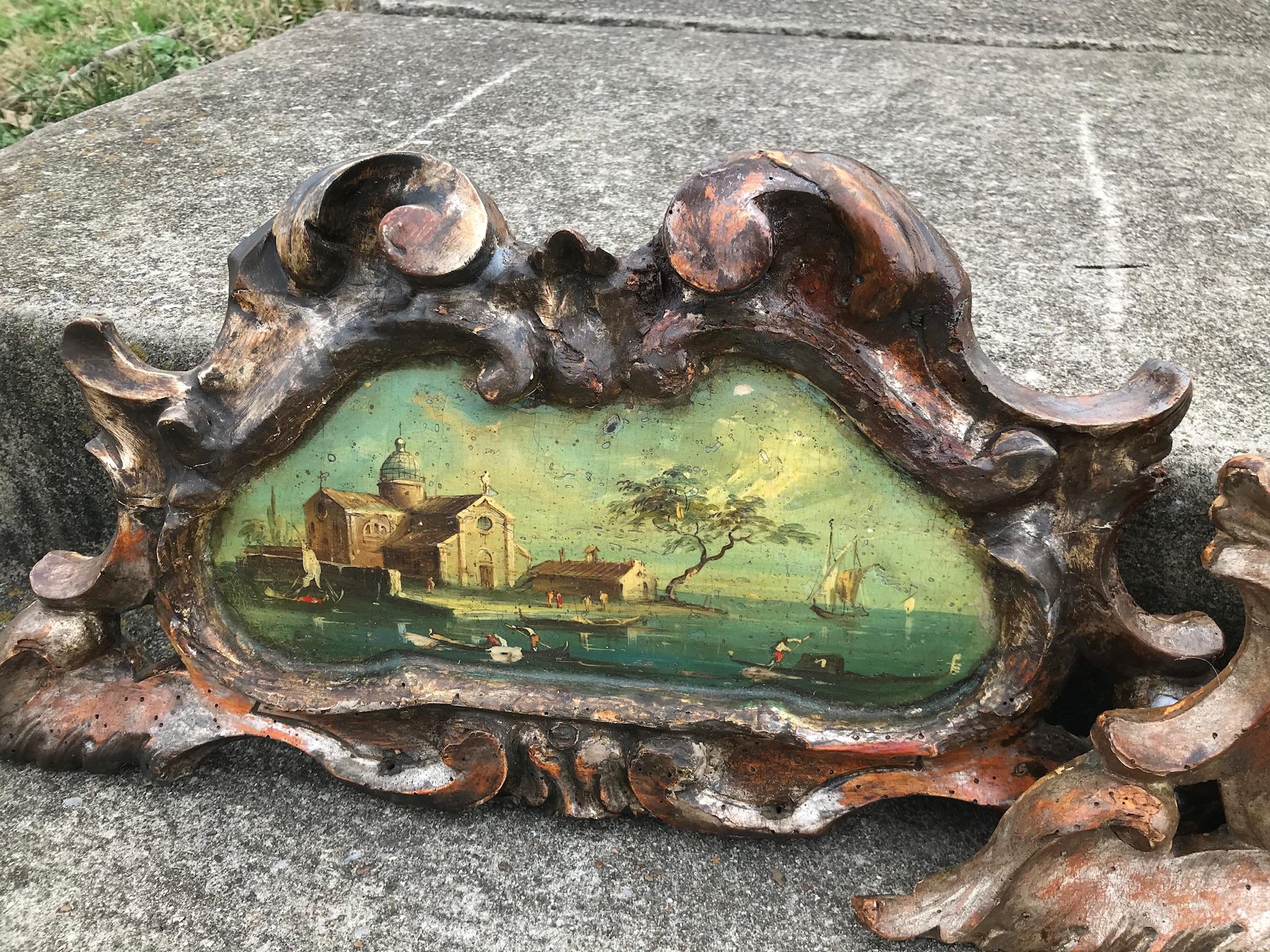 Baroque Pair of Venetian Grand Canal Scenes in Carved Giltwood Frames