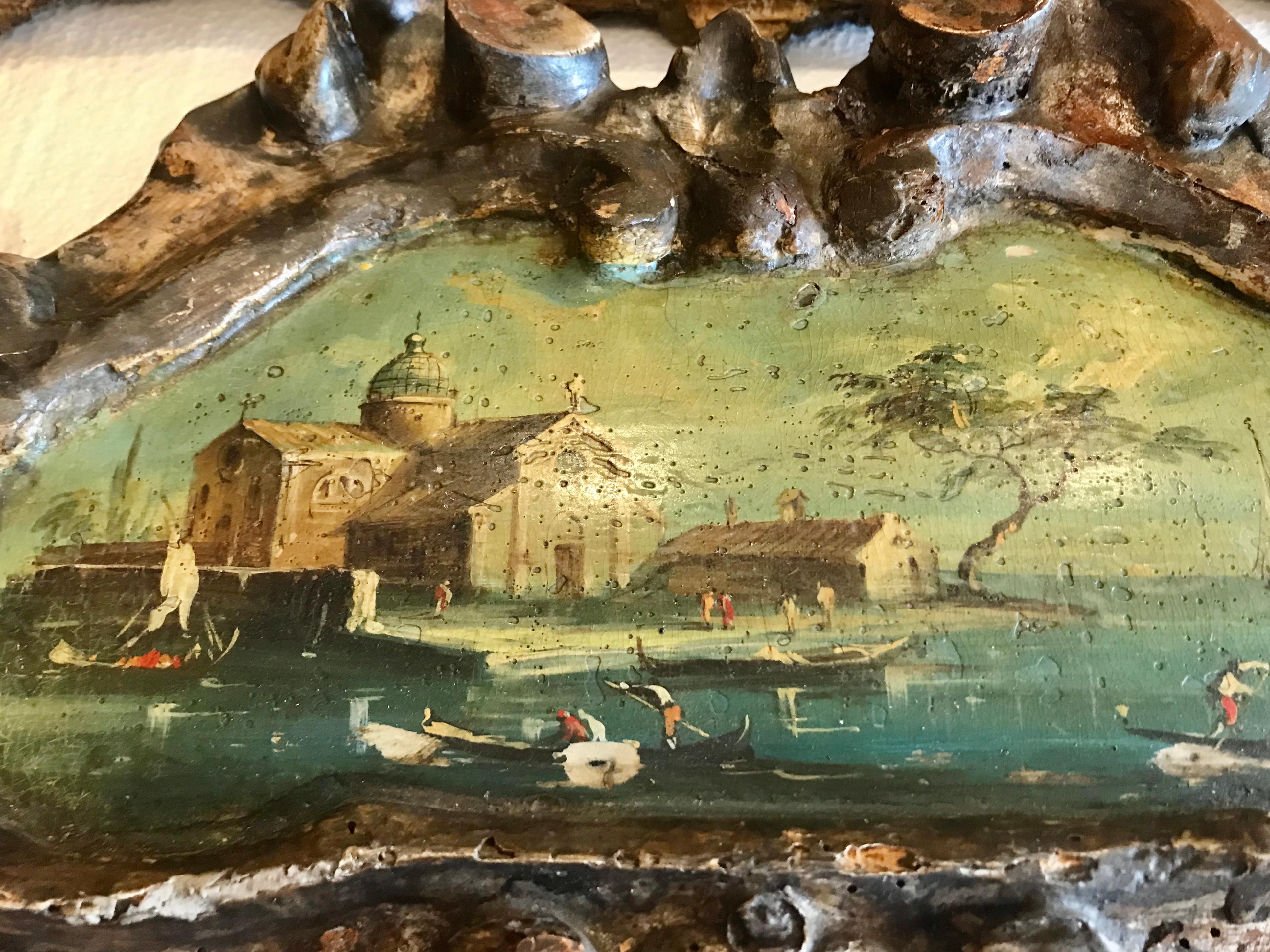 Wood Pair of Venetian Grand Canal Scenes in Carved Giltwood Frames