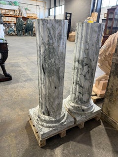 Pair of Grand Fluted Verde Alpi Marble Columns on Stepped Bases