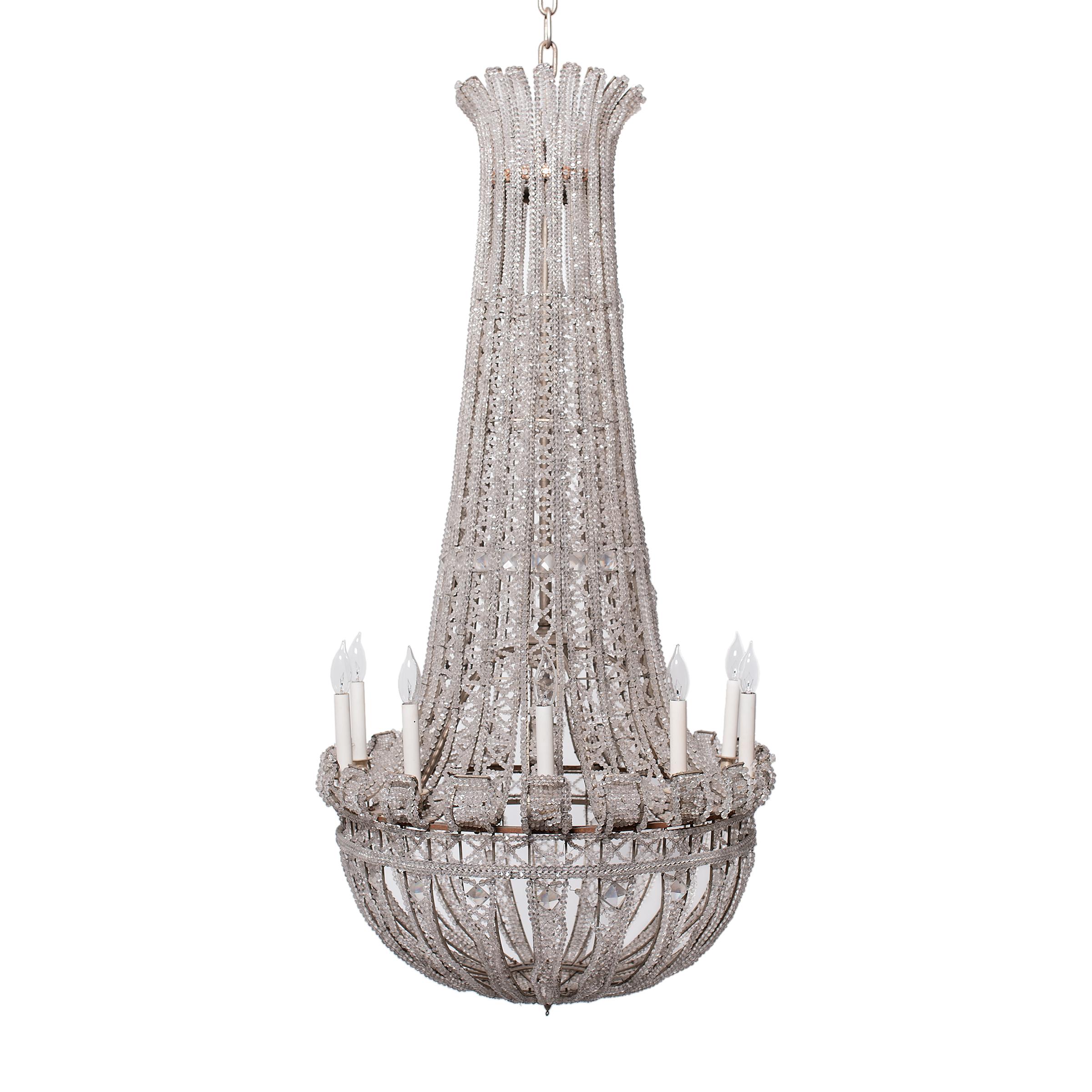 Pair of Grand French Empire Style Beaded Crystal Chandeliers In Good Condition In Chicago, IL