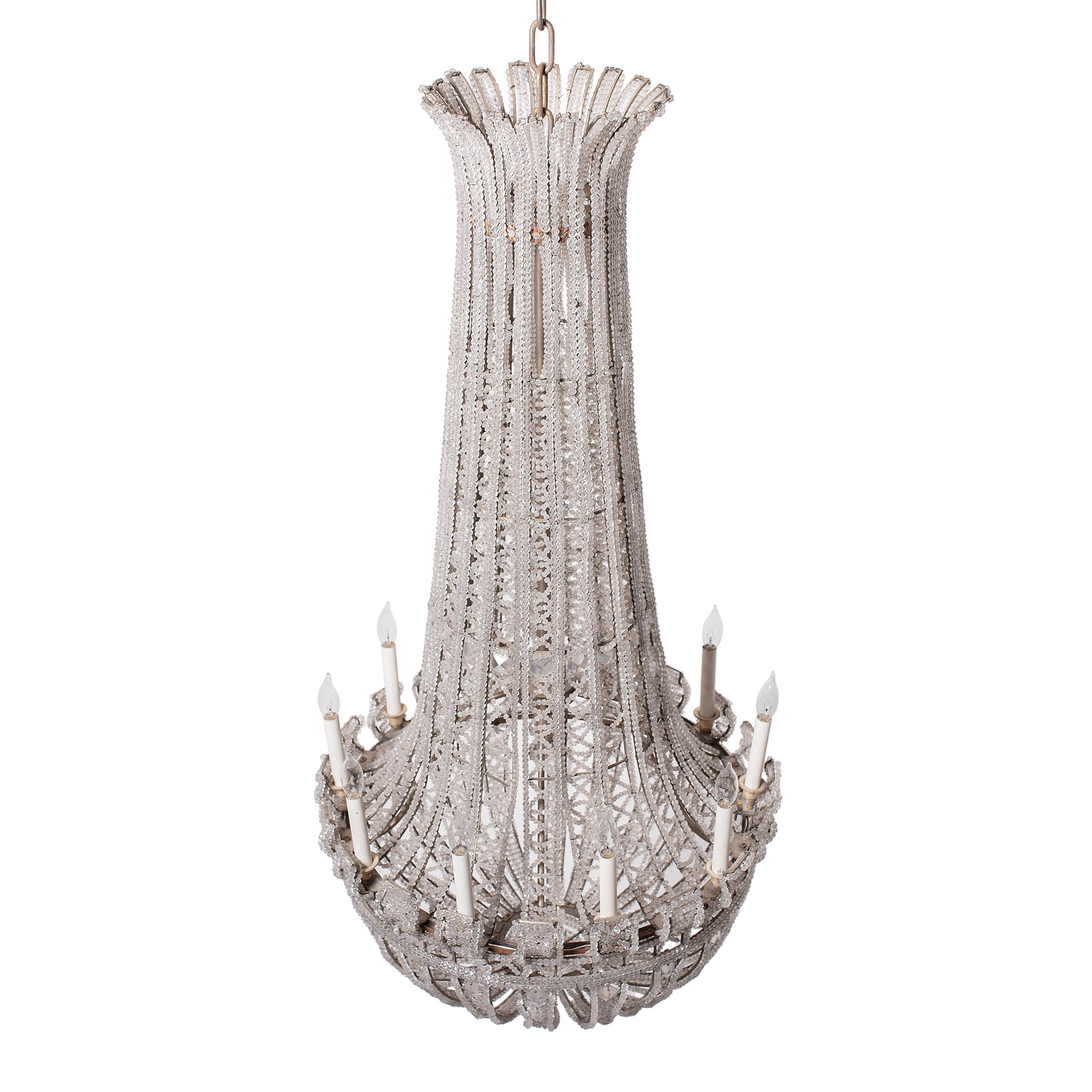 20th Century Pair of Grand French Empire Style Beaded Crystal Chandeliers