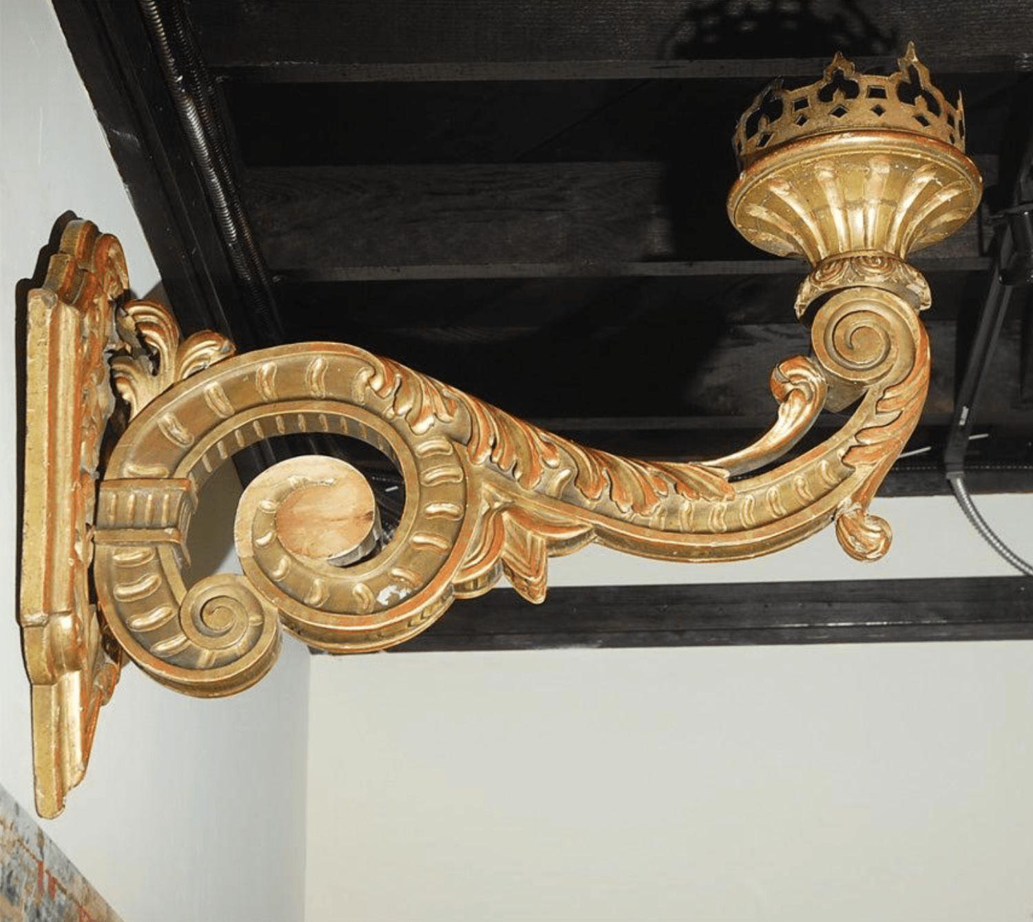 Giltwood Pair of Grand Hand-Carved, Gilt Wood Sconces For Sale