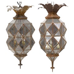 Pair of Grand Iron & Seeded Glass Foliate Octagonal 3-Light Lanterns