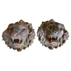 Pair Of Grand Scale French Iron Lions' Heads