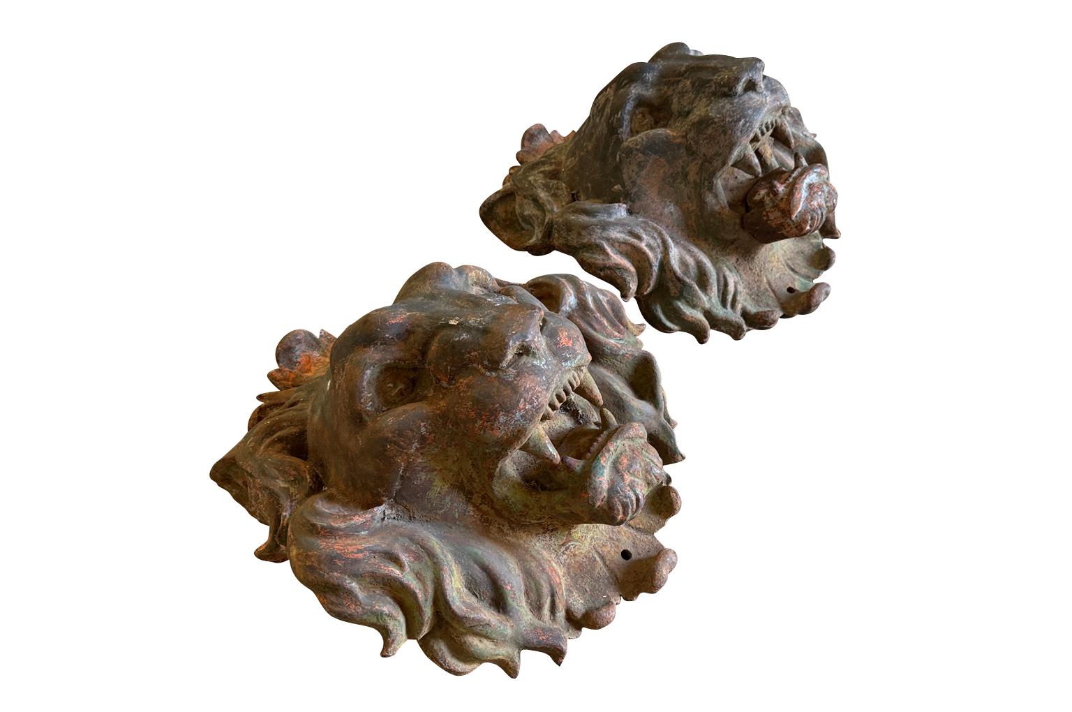 Pair Of Grand Scale French Iron Lions' Heads In Good Condition For Sale In Round Top, TX