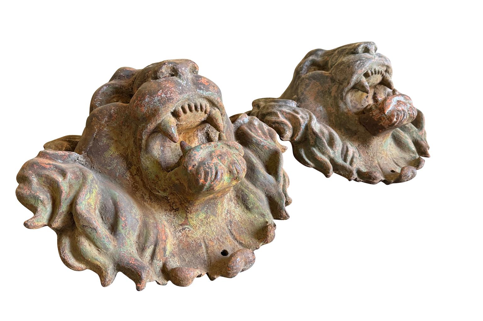 19th Century Pair Of Grand Scale French Iron Lions' Heads For Sale