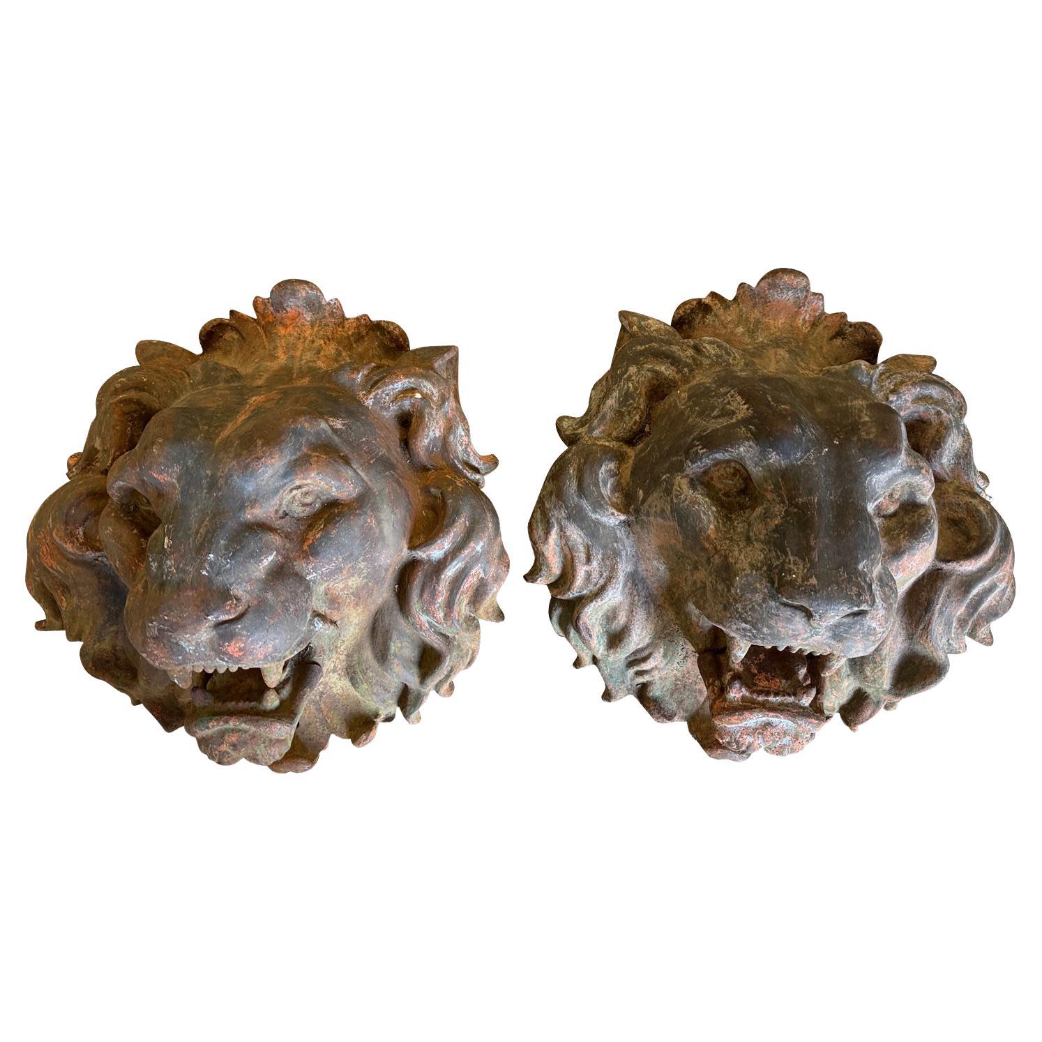 Pair Of Grand Scale French Iron Lions' Heads For Sale