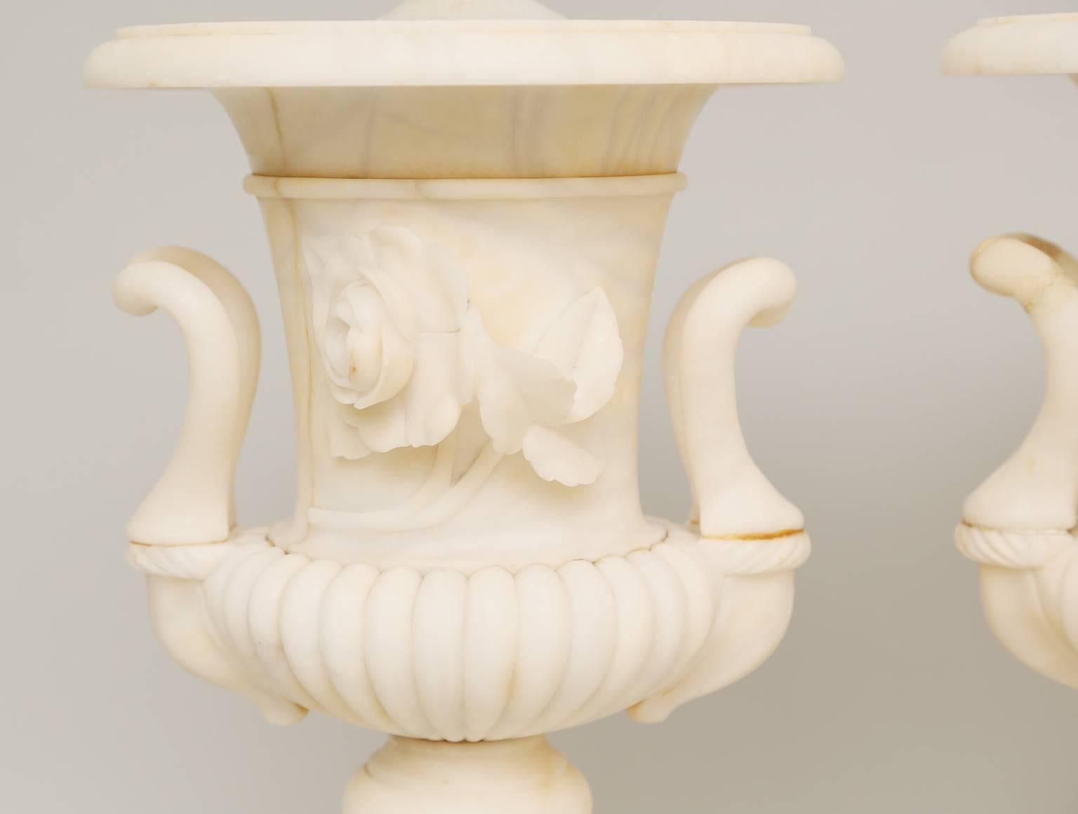 Neoclassical Pair of Grand Scale Urn-Form Alabaster Lamps For Sale