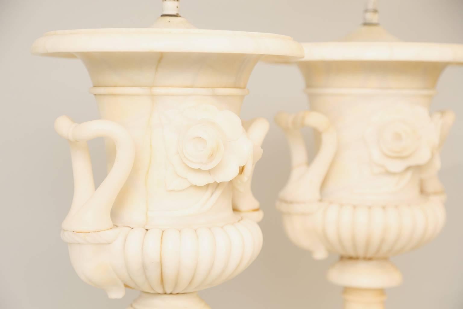Italian Pair of Grand Scale Urn-Form Alabaster Lamps For Sale