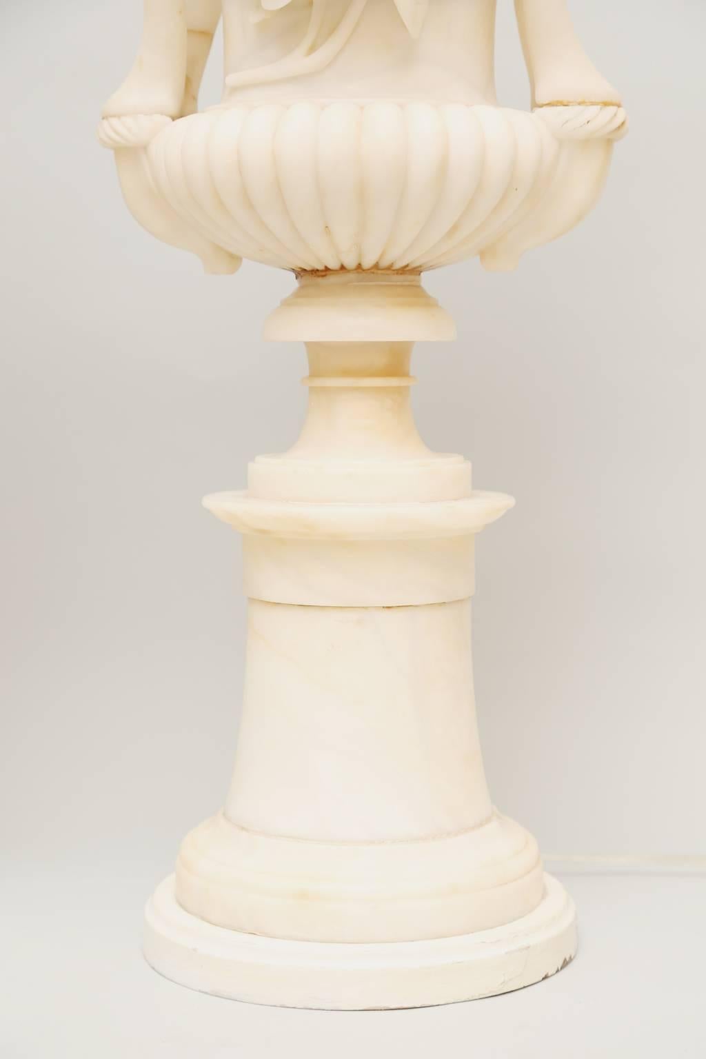 Carved Pair of Grand Scale Urn-Form Alabaster Lamps For Sale