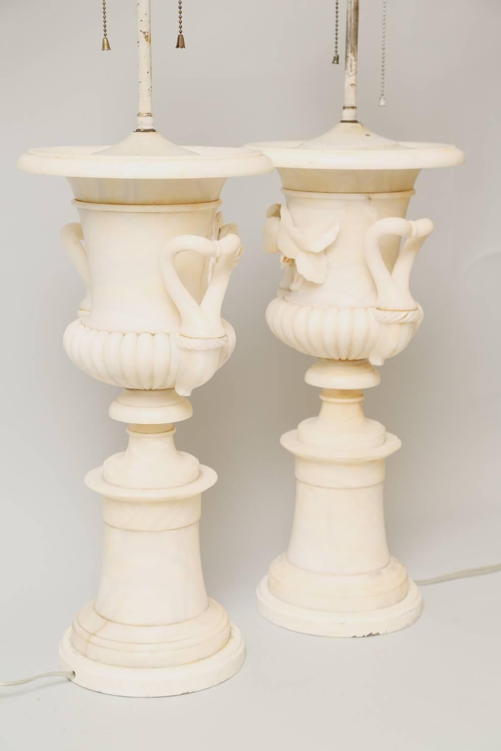20th Century Pair of Grand Scale Urn-Form Alabaster Lamps For Sale