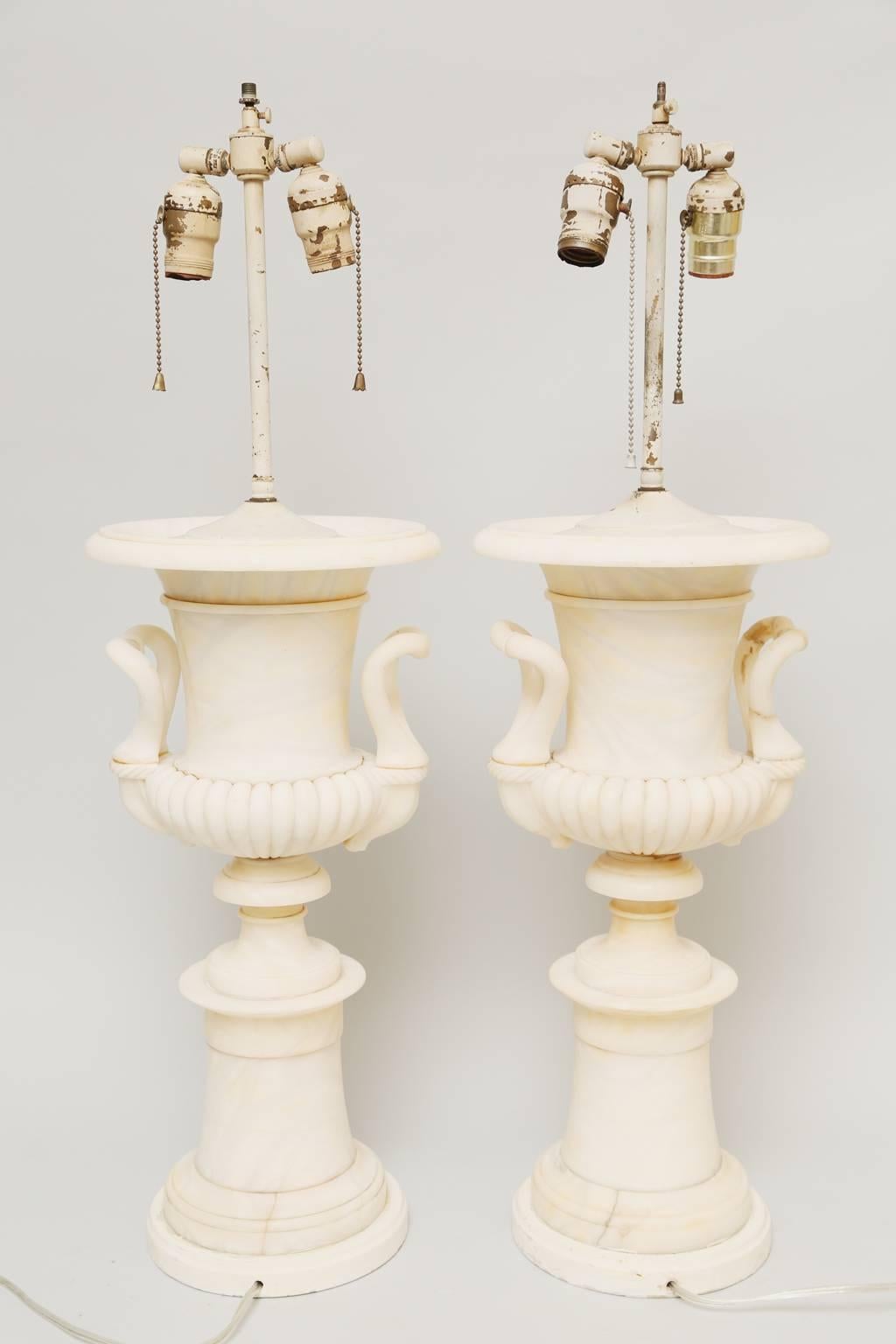 Pair of Grand Scale Urn-Form Alabaster Lamps For Sale 1