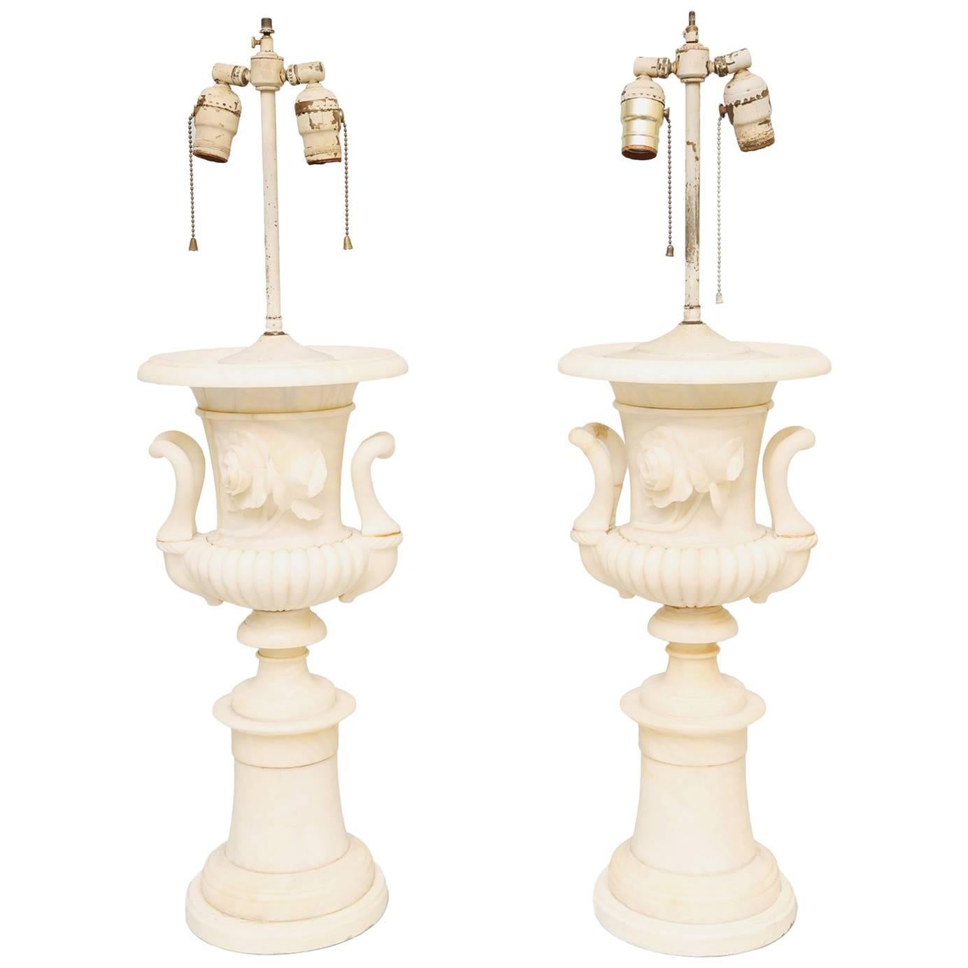 Pair of Grand Scale Urn-Form Alabaster Lamps For Sale
