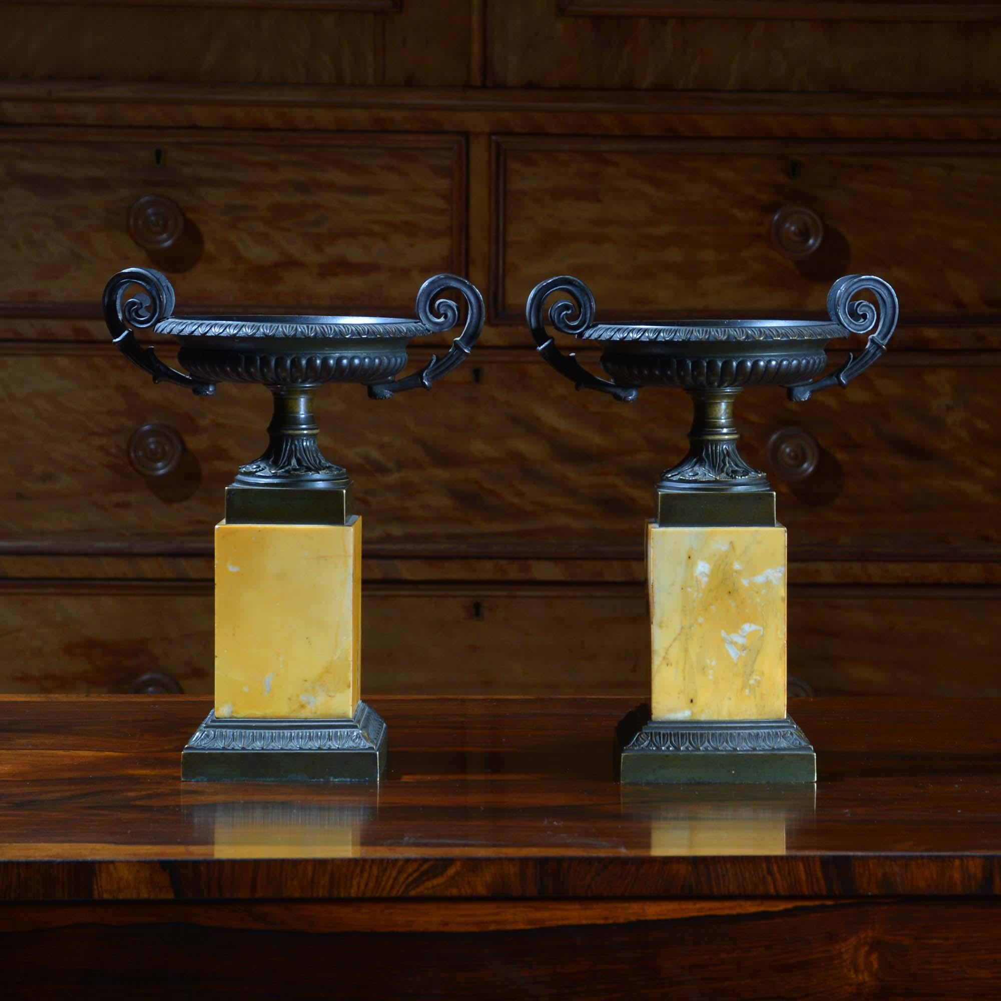 A pair of Grand Tour Bronze and Siena Marble Tazza
These well formed low urns with fluted bowl and shaped foot, each with two pairs of handles, standing on yellow Siena marble plinths and bronze bases.  
French, circa 1830

The term tazza is Italian