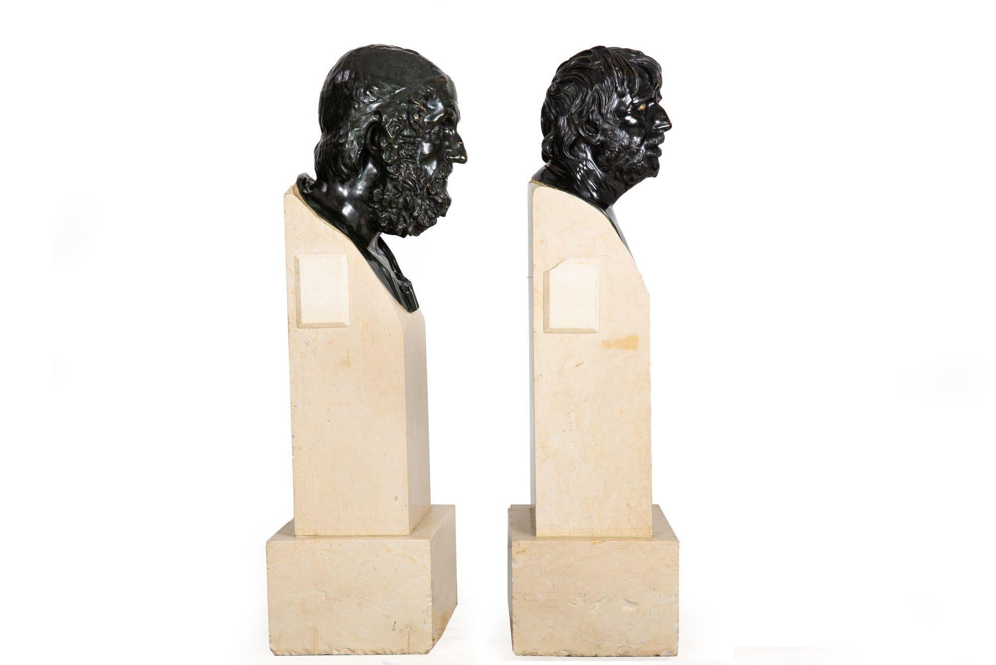 Italian Pair of Grand Tour Bronze Busts, “Homer” & “Pseudo-Seneca”, circa 1880 For Sale
