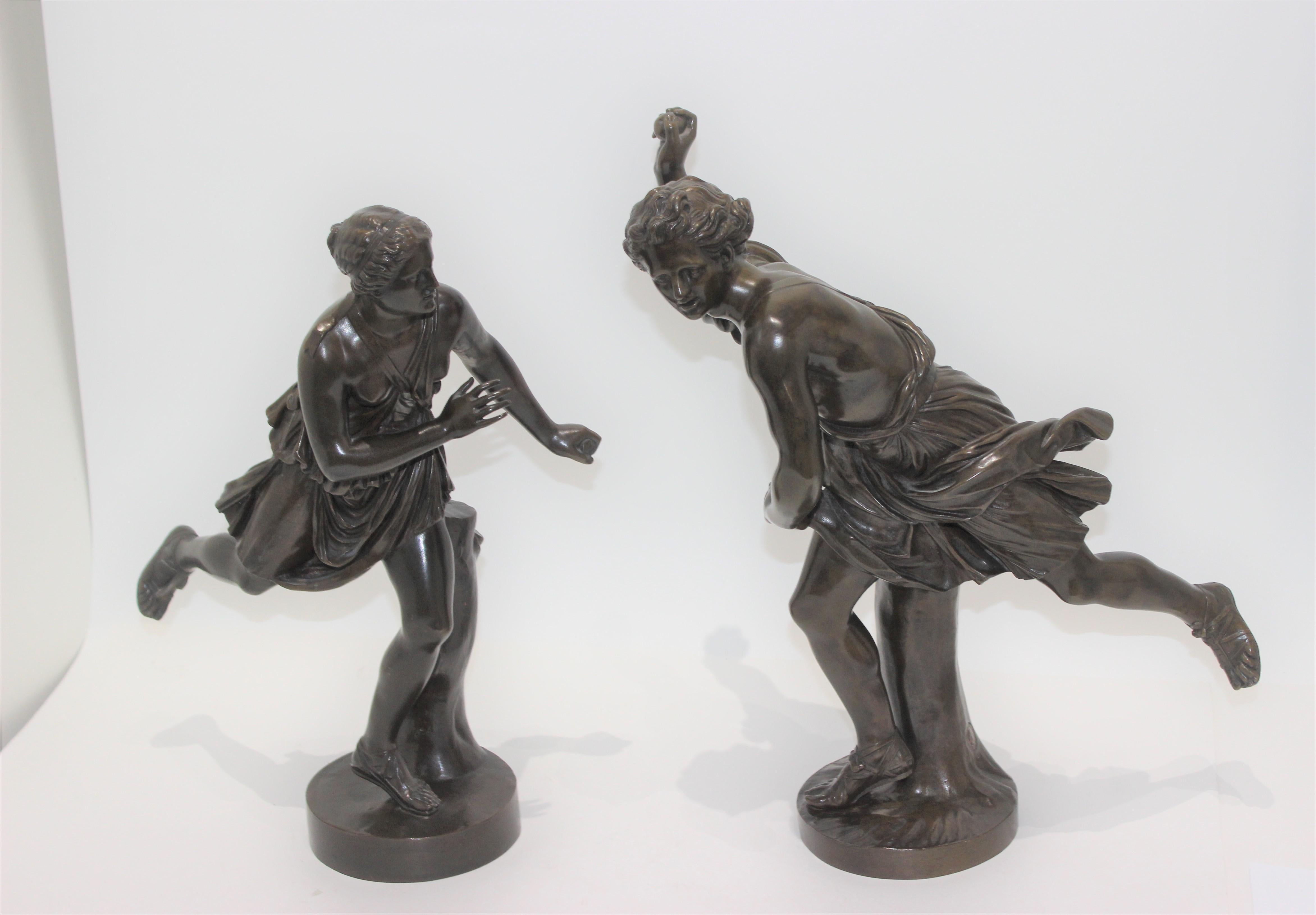 This set of two late 19th Century F. Barbedienne bronzes were acquired from a Palm Beach estate.

FYI
Atalanta, the Greek Goddess of Running, is one of the lesser-known gods worth knowing about.  Atalanta was abandoned in a forest on a mountaintop
