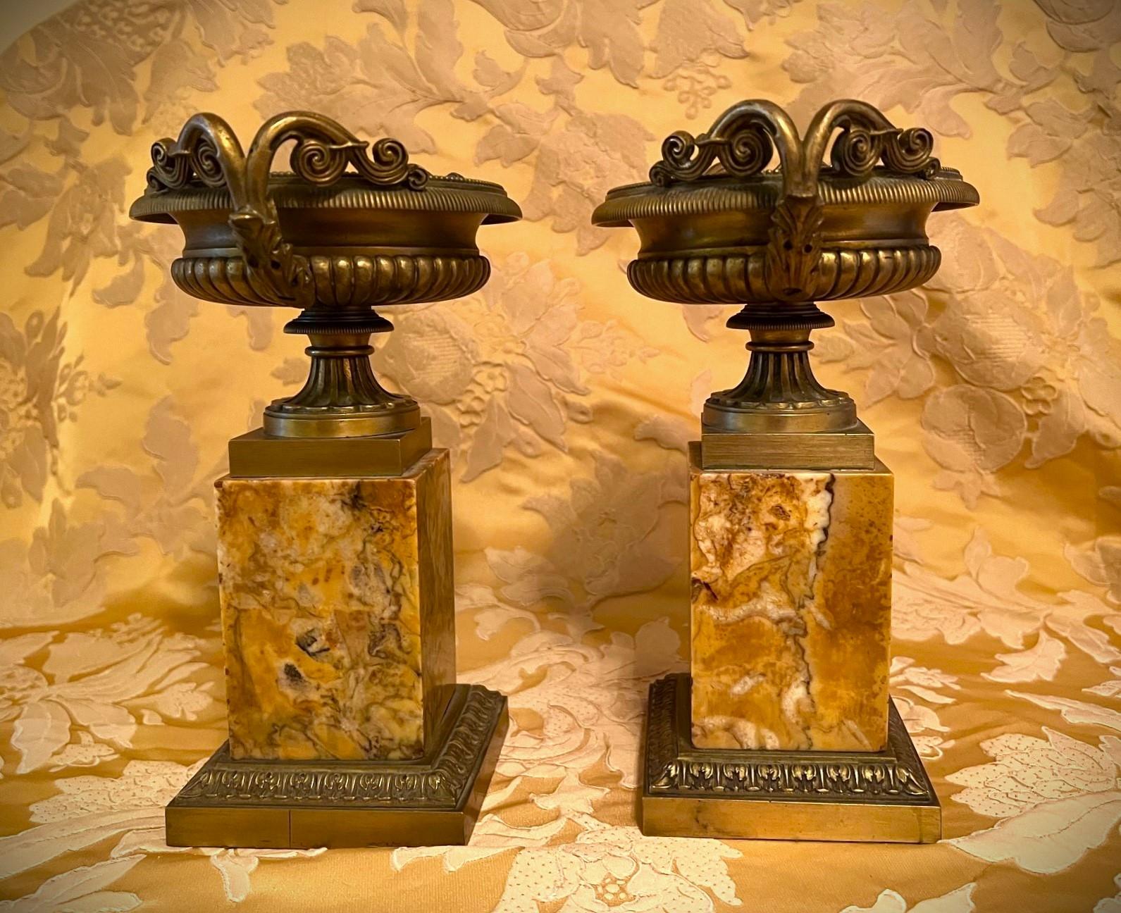 Italian Pair of Grand Tour Bronze Tazzas on Marble Plinths, Italy, Circa:1890 For Sale