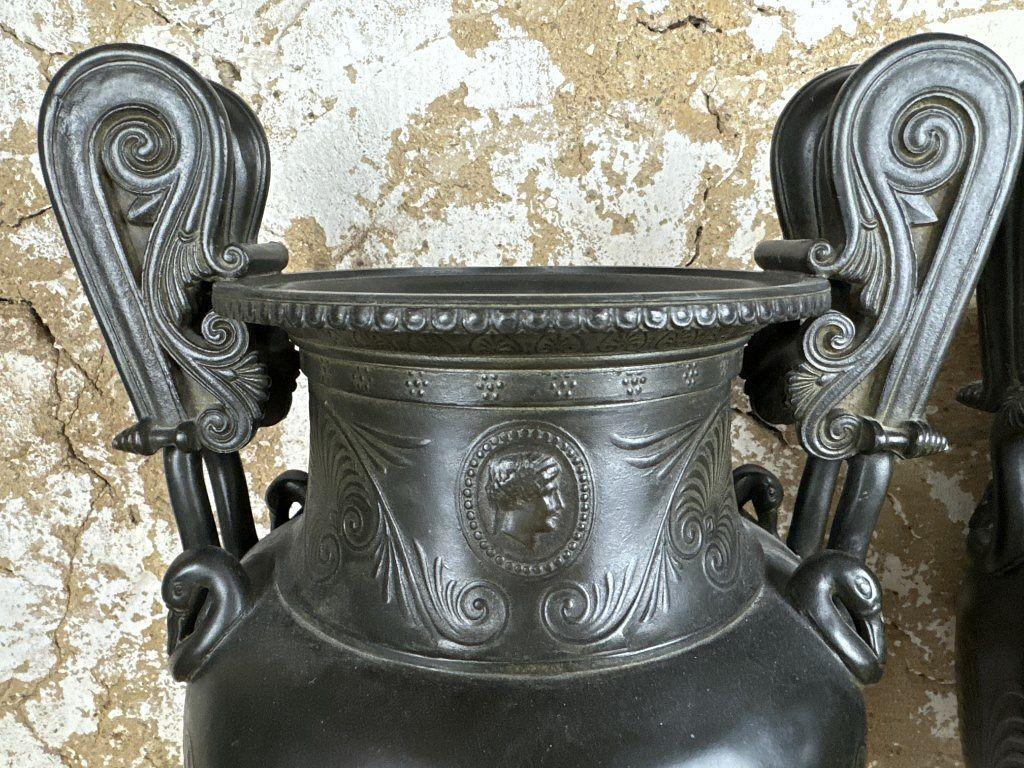 Classical Greek Pair of Grand Tour Classical Patinated Bronze Urns on Marble Bases
