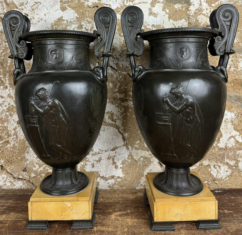 Italian Pair of Grand Tour Classical Patinated Bronze Urns on Marble Bases