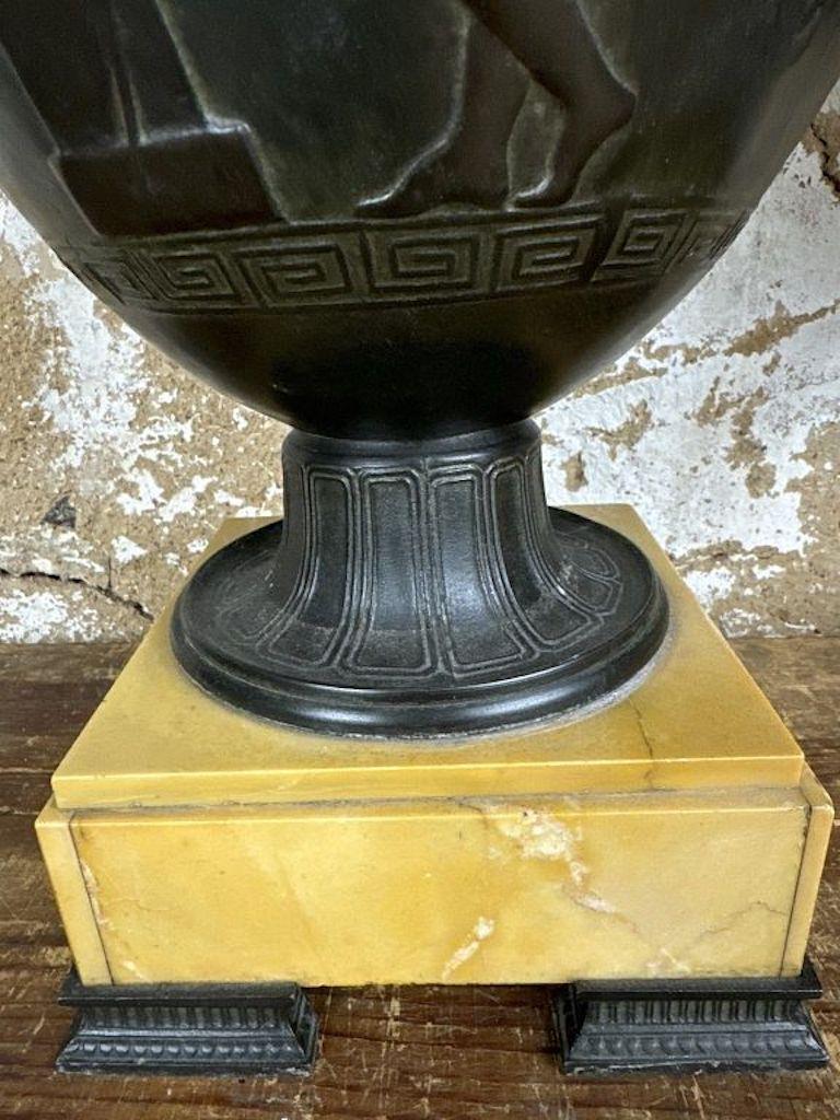 19th Century Pair of Grand Tour Classical Patinated Bronze Urns on Marble Bases