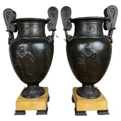 Pair of Grand Tour Classical Patinated Bronze Urns on Marble Bases