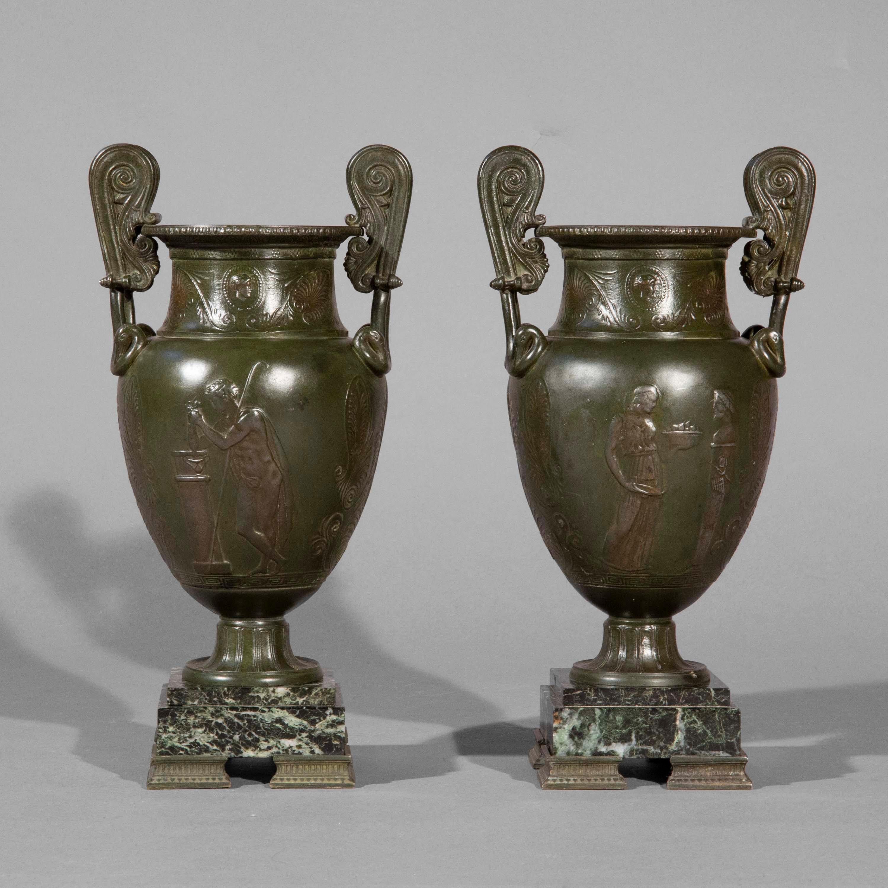 Metal Pair of Grand Tour Greek Bronze Vases on Marble Bases For Sale