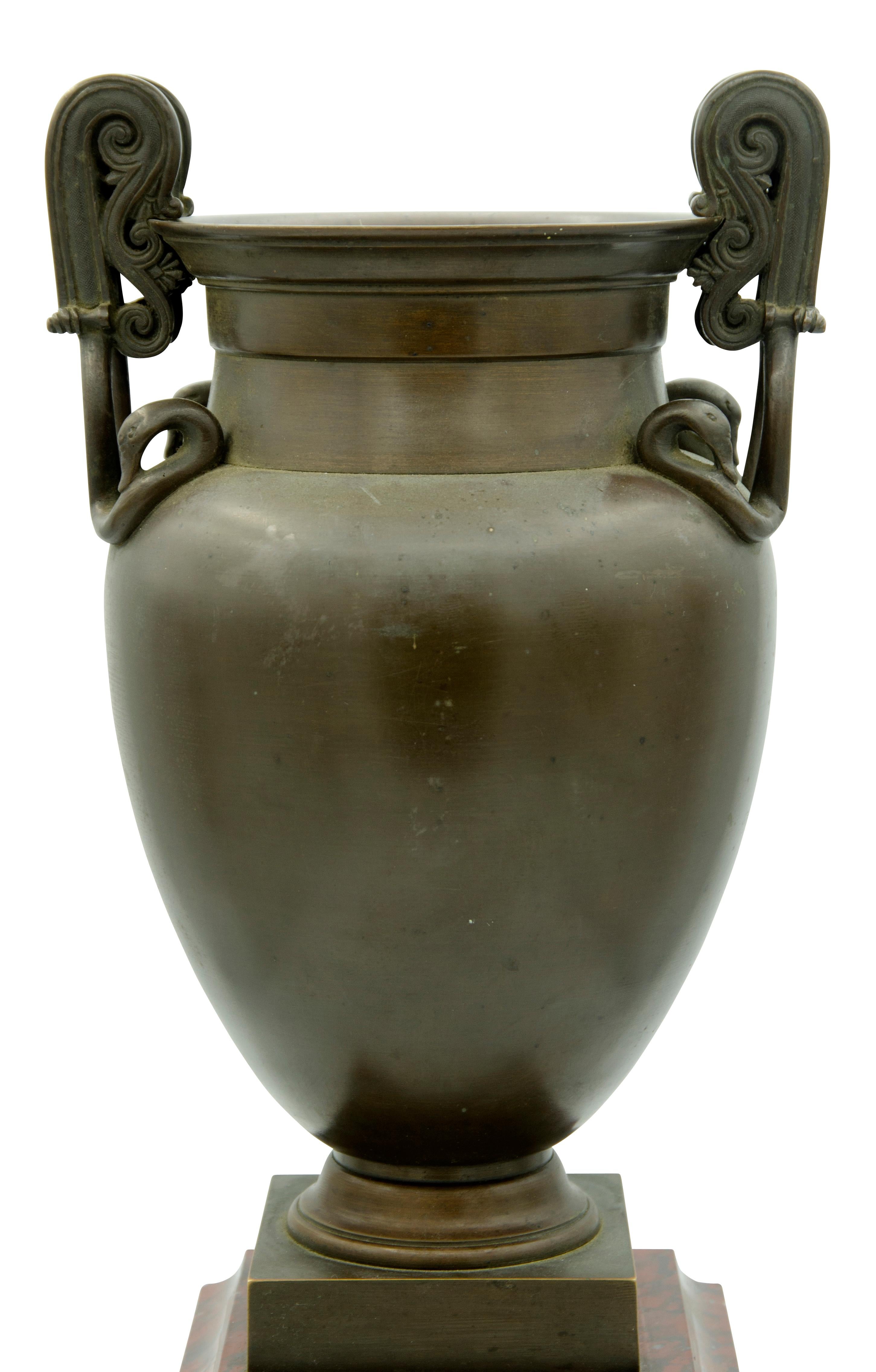 Pair of Grand Tour Greek Revival Bronze Urns on Marble Bases 5