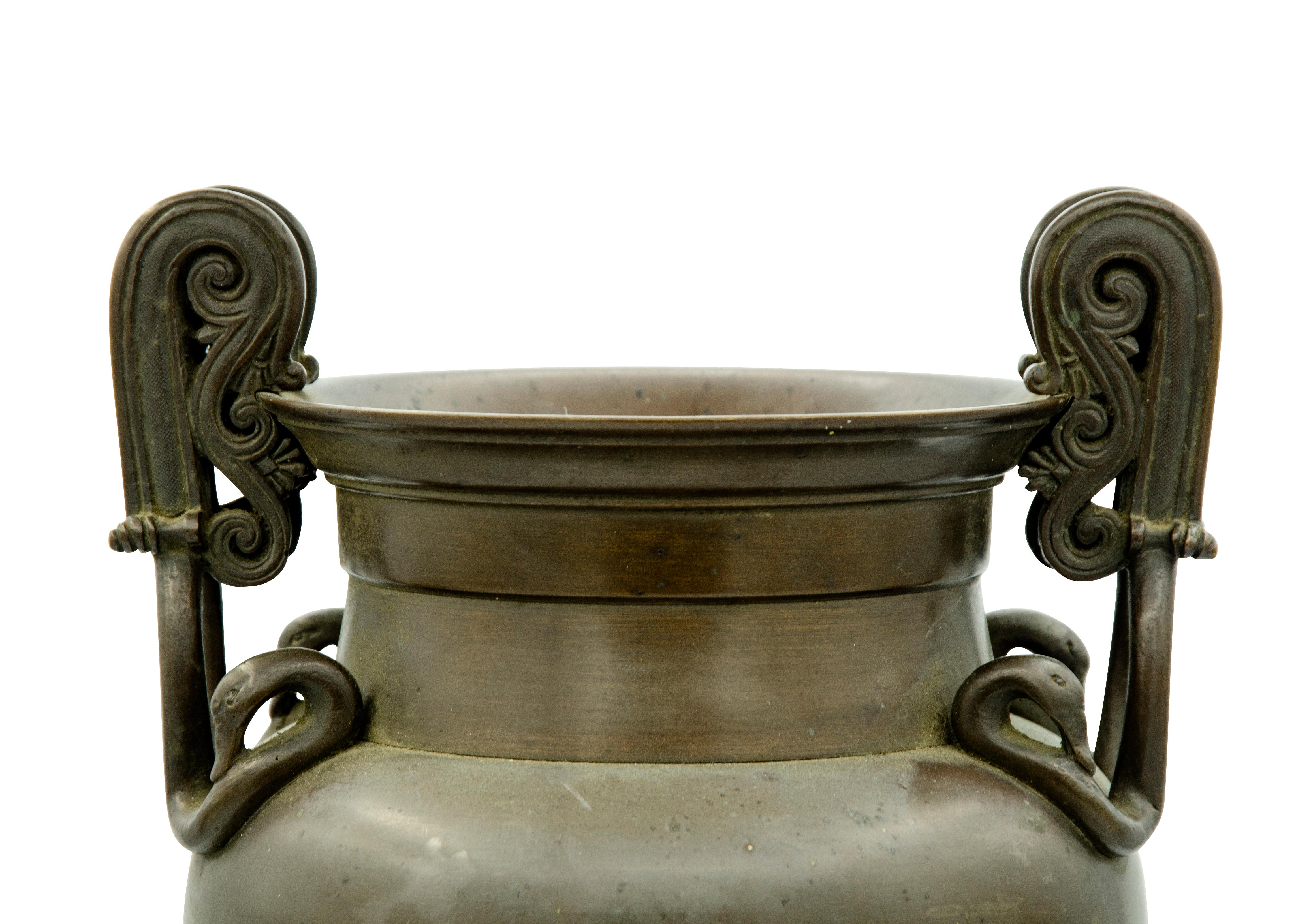 Pair of Grand Tour Greek Revival Bronze Urns on Marble Bases 6