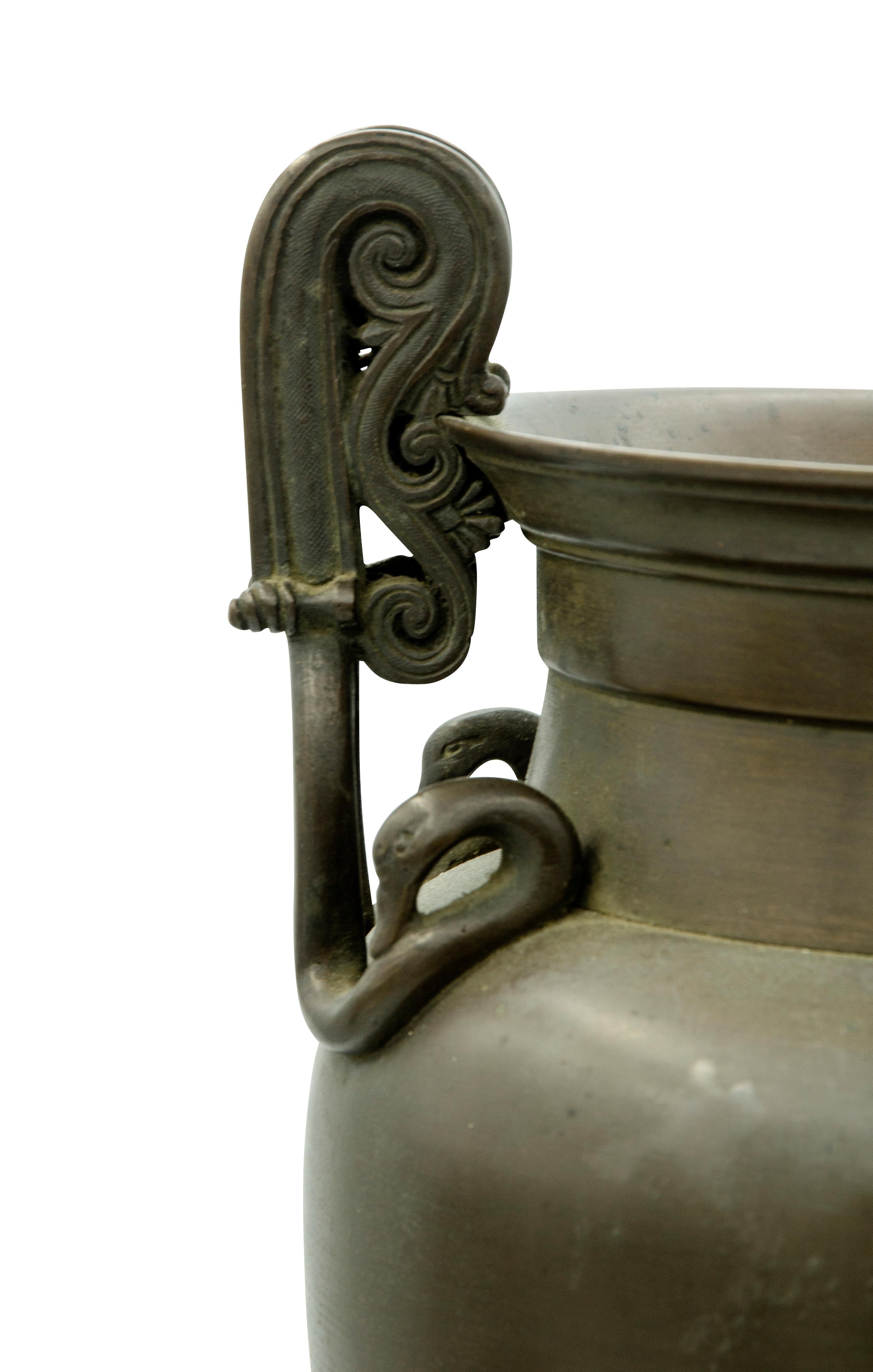 Pair of Grand Tour Greek Revival Bronze Urns on Marble Bases 8