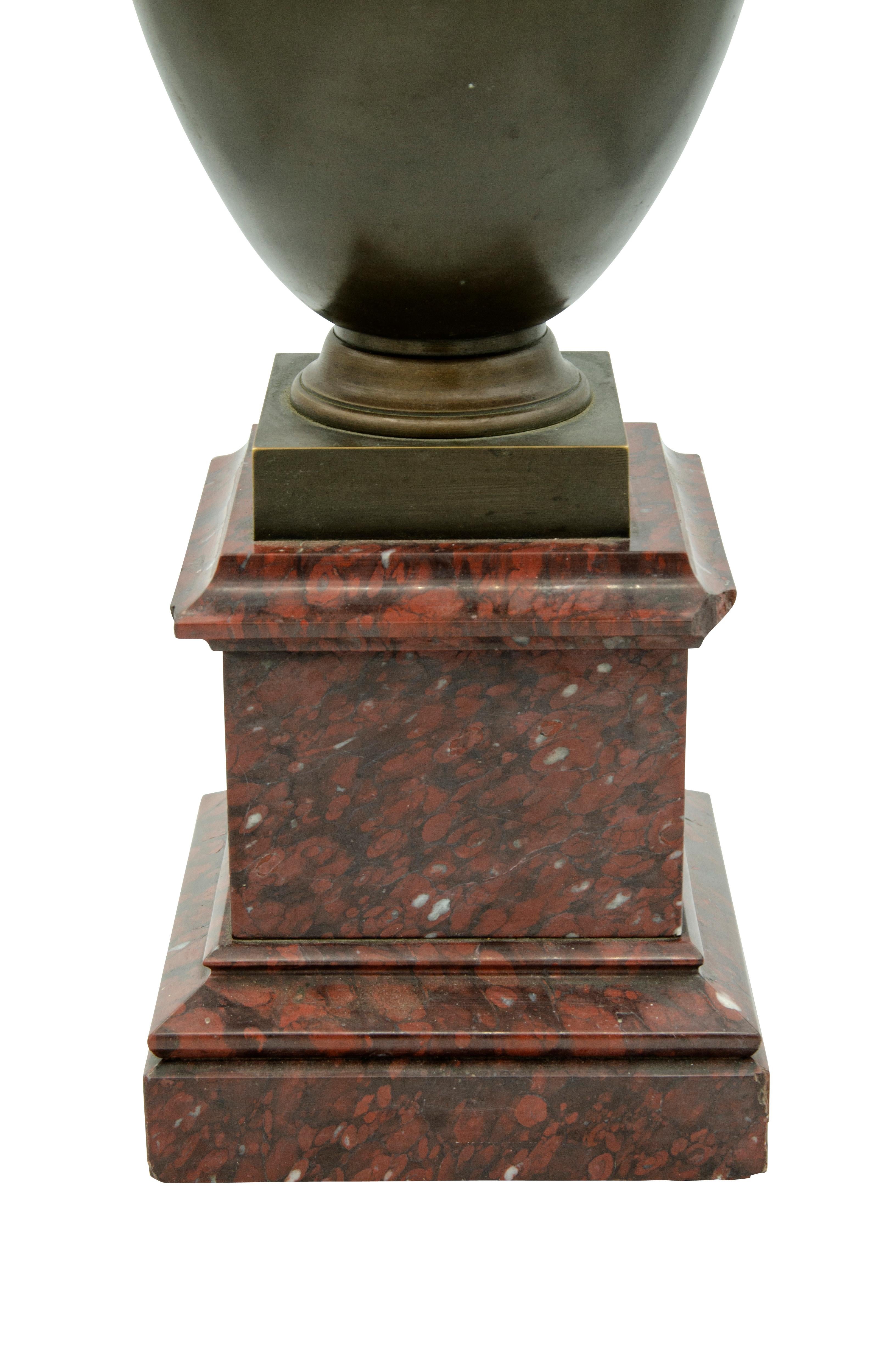 Pair of Grand Tour Greek Revival Bronze Urns on Marble Bases 9